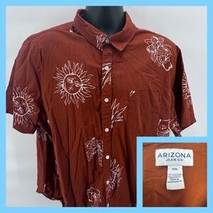 Arizona Jean Co Mens Short Sleeve Button Up Shirt Rust Sun Moon Print XXL